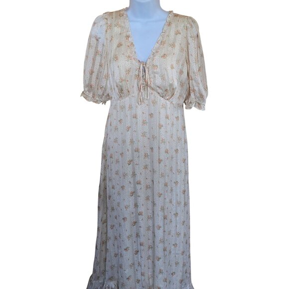 Floral Puff Sleeve Maxi Dress Beige/Pink Flowers Cottagecore Chic Boho Ruffle - Picture 4 of 8